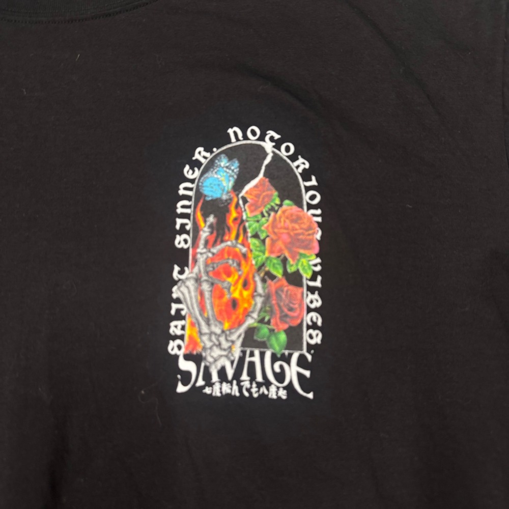 2 Monkeys Graphic T-Shirt Mens 3XL Black Excellent Saint Sinner Savage Skeleton - Picture 7 of 9